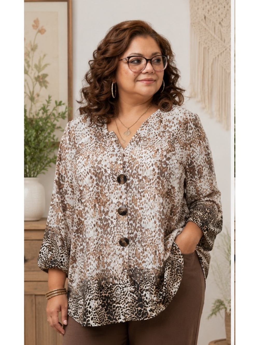 Studio JPR Brown Animal-Print Button Down Women's Boho Corporate Whimsy Top 3XL